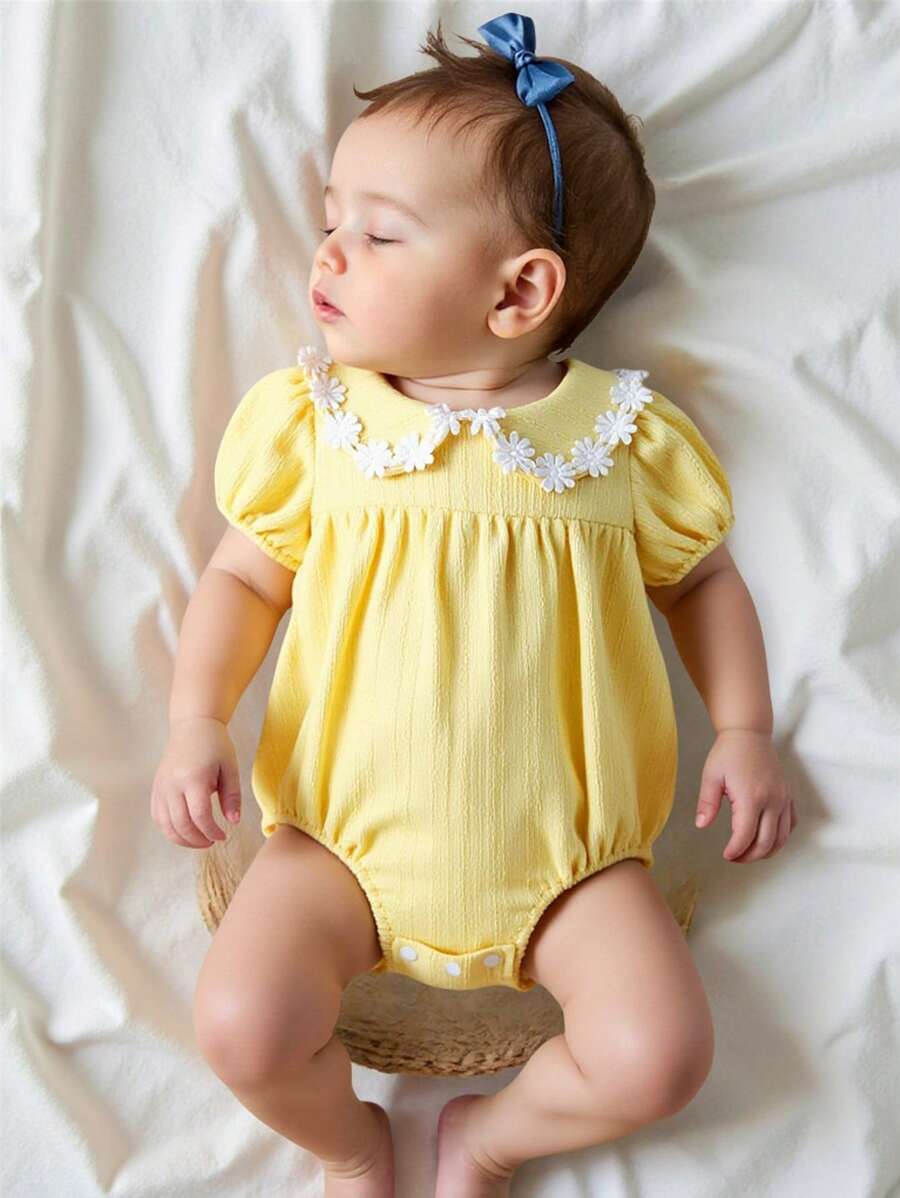 Souflis Souflis Bộ đồ liền thân ren hoa thanh lịch và ngọt ngào cho bé gái, mùa xuân/hè - Màu vàng - Xem 1