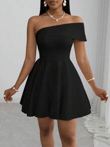 Slaydiva 2025 春夏新款优雅假日修身不对称肩黑色迷你连衣裙，适合婚礼、音乐节、派对、夜店、晚会，女士夏季连衣裙 - 黑色 - 查看 7