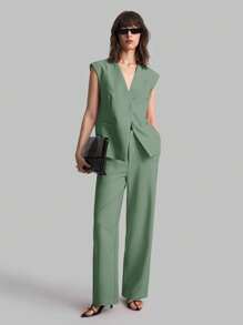 Ontre Nuevo top de chaleco casual de mujer de 2025 verano, con cuello en V, abotonadura frontal, hombreras, apropiado para bodas, conciertos, brunch, uso casual en el aeropuerto, estilo vintage de los 90, estilo de Estocolmo, Día de la Independencia Americana