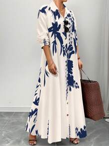 Elenzga Plus Size Front Button Long Sleeve Printed Casual Dress, Random Print Maxi Women Outfit