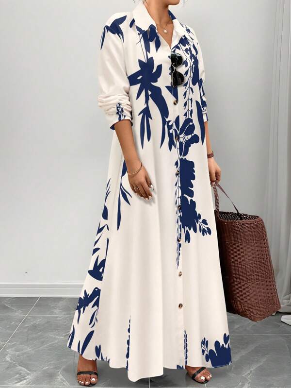 Elenzga Plus Size Front Button Long Sleeve Printed Casual Dress, Random Print Maxi Women Outfit