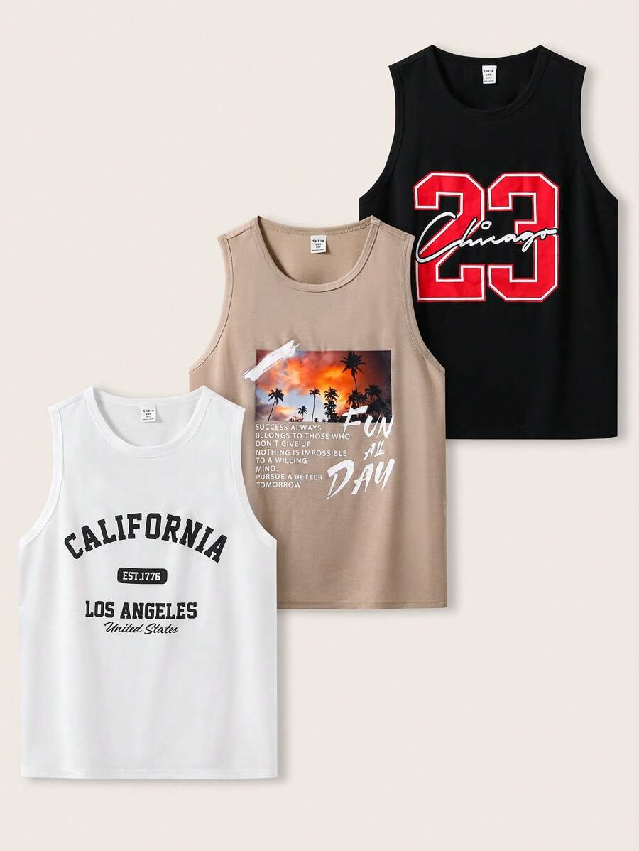 SHEIN Leap Crew 3件套青少年男童休闲运动背心套装，柔软舒适的圆领印花上衣，百搭设计，适合秋季、春季、夏季日常穿着、户外活动、学校、街头风、派对和居家穿着。 - 彩色 - 查看 1