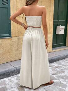 SHEIN Frenchy 女装夏季简约纯色短款束腰上衣和阔腿裤两件套度假日常装女夏装两件套女度假装女夏两件套两件套夏季套装女夏装 - 杏色 - 查看 2