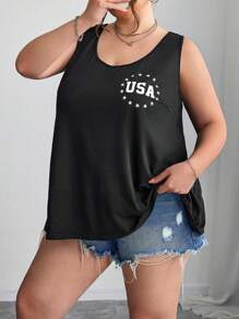 SHEIN CURVE+ Plus Size National Flag Print Casual Sleeveless Tank Top For Summer4th Of July / USA / 4th Of July Outfits / 4th Of July Clothes / 4th Of July Women/Graphic Tees