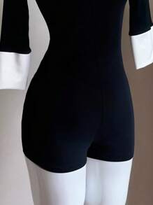 Chiquease 女式优雅拼接领中袖连体裤，夏季 - 黑色 - 查看 3