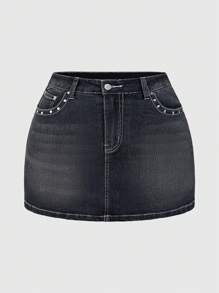 ROMWE Grunge Punk Y2K Vintage Style Women Tight Mini Denim Skirt With Pockets, Rhinestone Skull & Wings Print, Summer Outfits - Grey - View 3