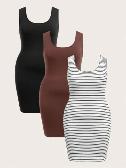 SHEIN BASICS 3Pcs/Set Plus Size Sleeveless Bodycon Knit Dress
