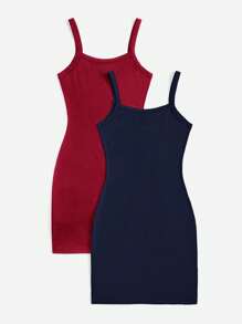 SHEIN Privé 2pcs/Set Women Summer Casual Solid Bodycon Spaghetti Strap Off Shoulder Dress, Suitable For Commuting, Outdoor, And Shopping - Multicolor - View 2