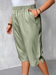 EMERY ROSE Pantalones de 3/4 con abertura y botones de madera sólida para mujer talla grande, pantalones casuales con cintura elástica para primavera/verano - Verde - Ver 4
