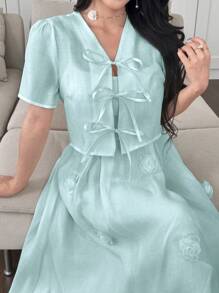 Modelyn 女士花卉装饰和环绕式腰带两件套 - 藍色 - 查看 1