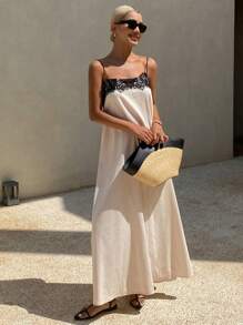 Livesso 女士夏季蕾丝拼接宽松黑白撞色中长吊带连衣裙，亚麻材质，休闲女装，舞会礼服，度假风。