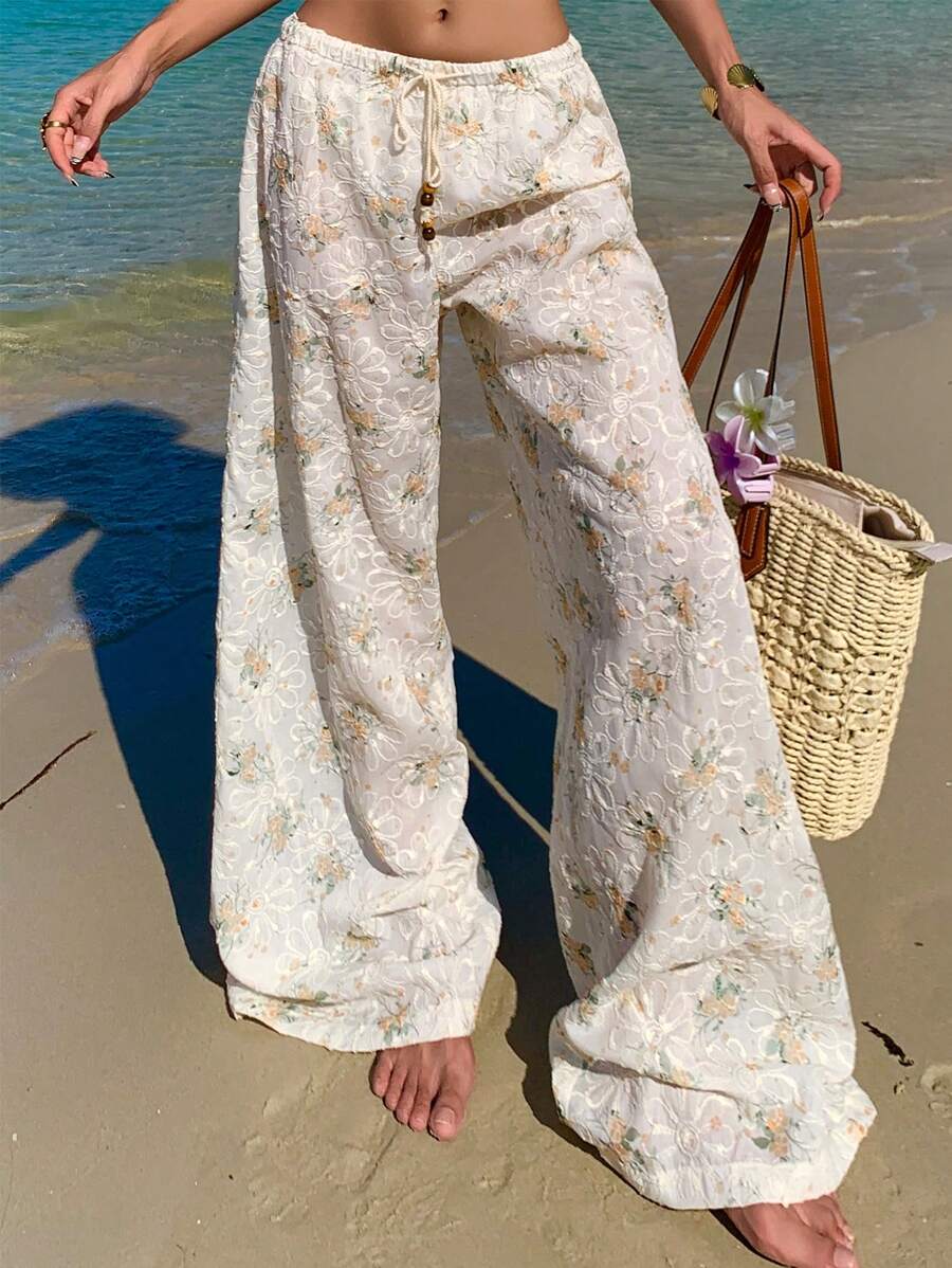 SHEIN Unity Apricot & Yellow Embroidery Textured Fabric Elegant Holiday Casual Drawstring Wide Leg Pants For Women Beach Outfits For Woman Resort Wear Women Summer Sets Beach Women Outfits Fall Cloth For Women