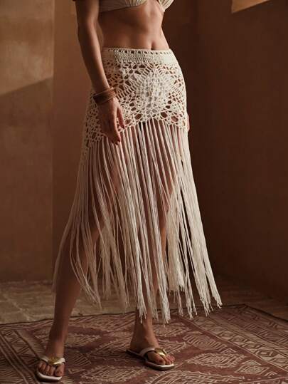 MOTF PREMIUM FRINGE SHEER SKIRT COVER UP FOR SUMMER BEACH VACATION