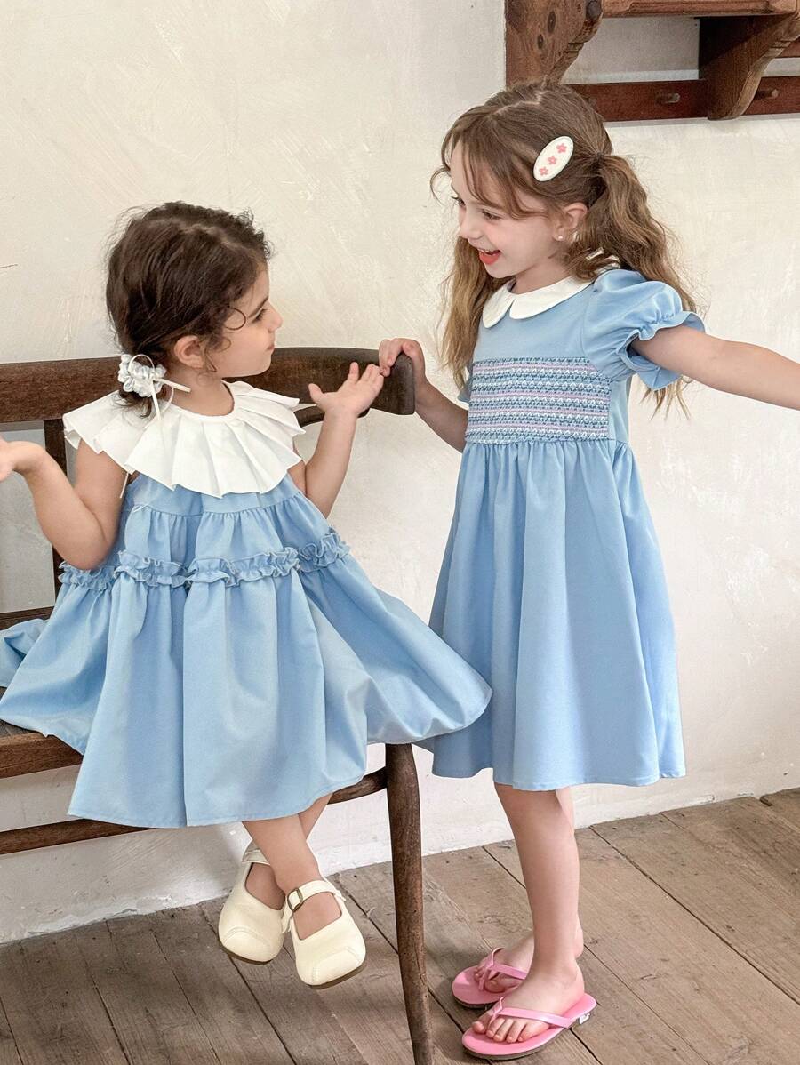 LMoss Kids LMoss  Baby Girl Woven Color Block Crew Neck Sleeveless Fitted Casual Dress  Setsisters Outfit - Blue - View 1