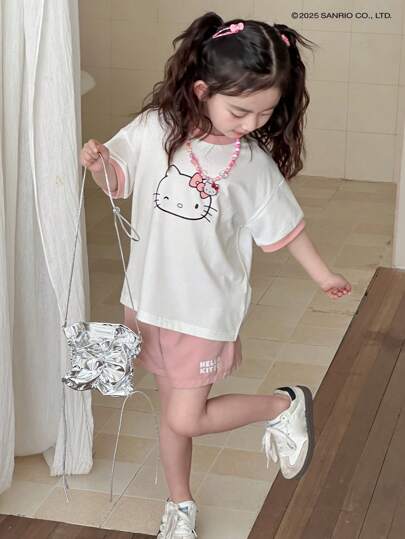 HELLO KITTY | DAZY 2 件套年轻女孩春夏图案针织圆领 T 恤和编织短裤