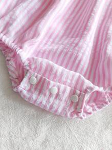 SHEIN Vintaside Kids Baby Girls' Square Collar Striped Ruffle Trim Bodysuit - Pink - View 8