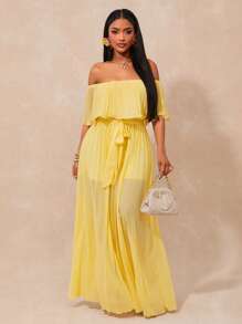 SHEIN SXY Bộ đồ liền thân/bộ đồ liền thân rộng rãi màu vàng bohemian cho kỳ nghỉ lễ ở bãi biển dành cho nữ - Màu vàng - Xem 1