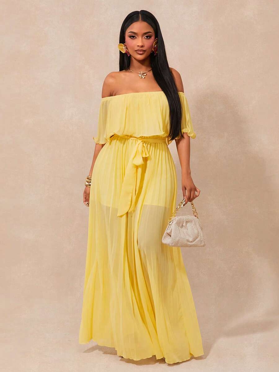 SHEIN SXY Bộ đồ liền thân/bộ đồ liền thân rộng rãi màu vàng bohemian cho kỳ nghỉ lễ ở bãi biển dành cho nữ - Màu vàng - Xem 1