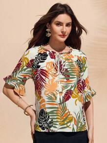 SHEIN Unity Women's Elegant Floral Print Drawstring Tie Waist Shirt, Suitable For Summer - Multicolor - View 4