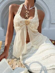 SHEIN X Scot Louie Serisse 女士优雅性感提花拼接露背吊带上衣，夏季 - 杏色 - 查看 5