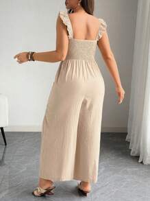 Flirla Plus Size Summer Elegant Solid Color Draped Ruffle Hem Jumpsuit - Khaki - View 2