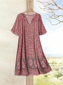 Rusticease Plus Size Women's Country Style Casual Vacation Floral Print Short Sleeve Dress,Gifts For Mother,Summer Holiday,Vacation Outfits Women,Simple And Fashionable For Everyday Wear,Vacay Vibes,Springbreak,Casual Wear SS,Bohemia,Summer Dresses For Women