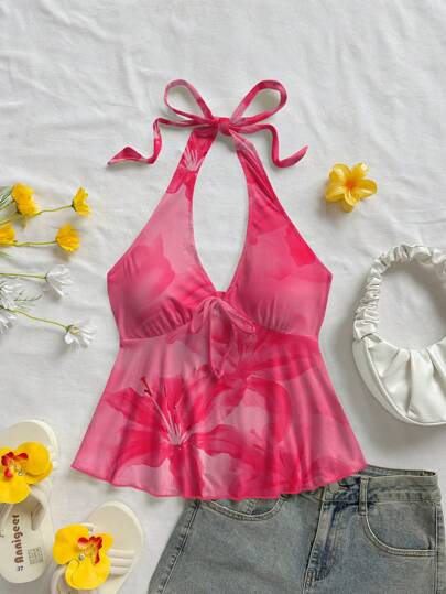 Soleia 女士休闲度假 V 领蝴蝶结露背娃娃装上衣，适合夏季度假