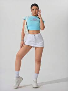 SHEIN PETITE Women's Plain Denim Shorts, Fashionable For Summer