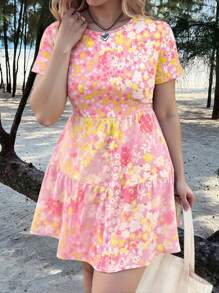 SHEIN EZwear Große Größen Damen Lässiges Blümchen Lockeres Sommerkleid, Minimalistisches Design Damen Geburtstagsoutfit Frau S Sommerkleidung Muttertagsgeschenk, Sonnenkleider für Frauen