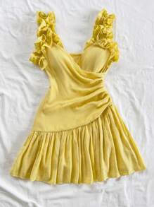 Soleia 女士浪漫假期花卉荷叶边 V 领紧身黄色迷你连衣裙，腰部有褶饰，适合派对、约会、下午茶、海滩、婚礼、毕业典礼 - 黃色 - 查看 6