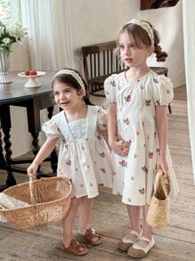 SHEIN LMoss Kids Abito smanicato da ragazza con stampa floreale e block color, adatto per l'estate