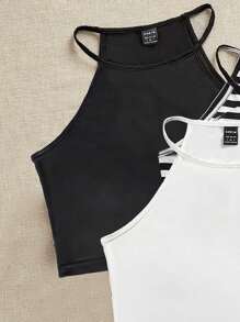 SHEIN EZwear 3件套条纹纯色修身休闲吊带背心，女士款，适合夏季穿着