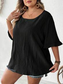 SHEIN CURVE+ 大码女式夏季卡其色衬衫，荷叶边短袖宽松下摆休闲装，适合日常外出和海滩度假穿着。关键词：女士/海滩/海滩度假/海滩必备/毕业典礼/下午茶/夏季/乡村/海滩度假/海滩/沙滩装 - 黑色 - 查看 5
