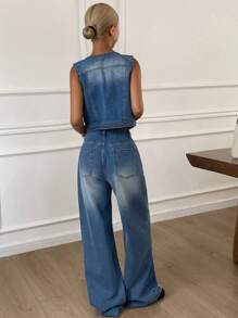 DAZY 女装夏季V领开衫背心加宽松休闲直筒裤两件套街头休闲牛仔套装