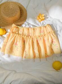 Comfortcana 女式奶油黄波西米亚风荷叶边碎花印花荷叶边短裙，度假风格，度假服装女士 - 黃色 - 查看 6