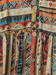 EMERY ROSE 大码女式夏季复古休闲彩色条纹印花V领短袖纽扣装饰长裙 - 彩色 - 查看 7