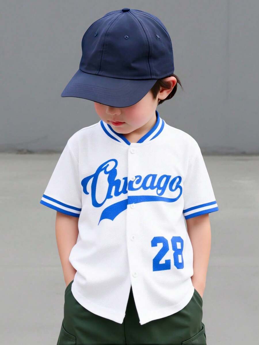Camisa de manga corta con cuello de canalé, estampada y de color contrastante, cómoda y versátil para niños pequeños - Azul y blanco - Ver 1