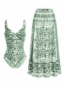 Swim Oasis 2pcs Oasis Positioning Print Paisley High Quality Swimsuit - Dark Green - View 1