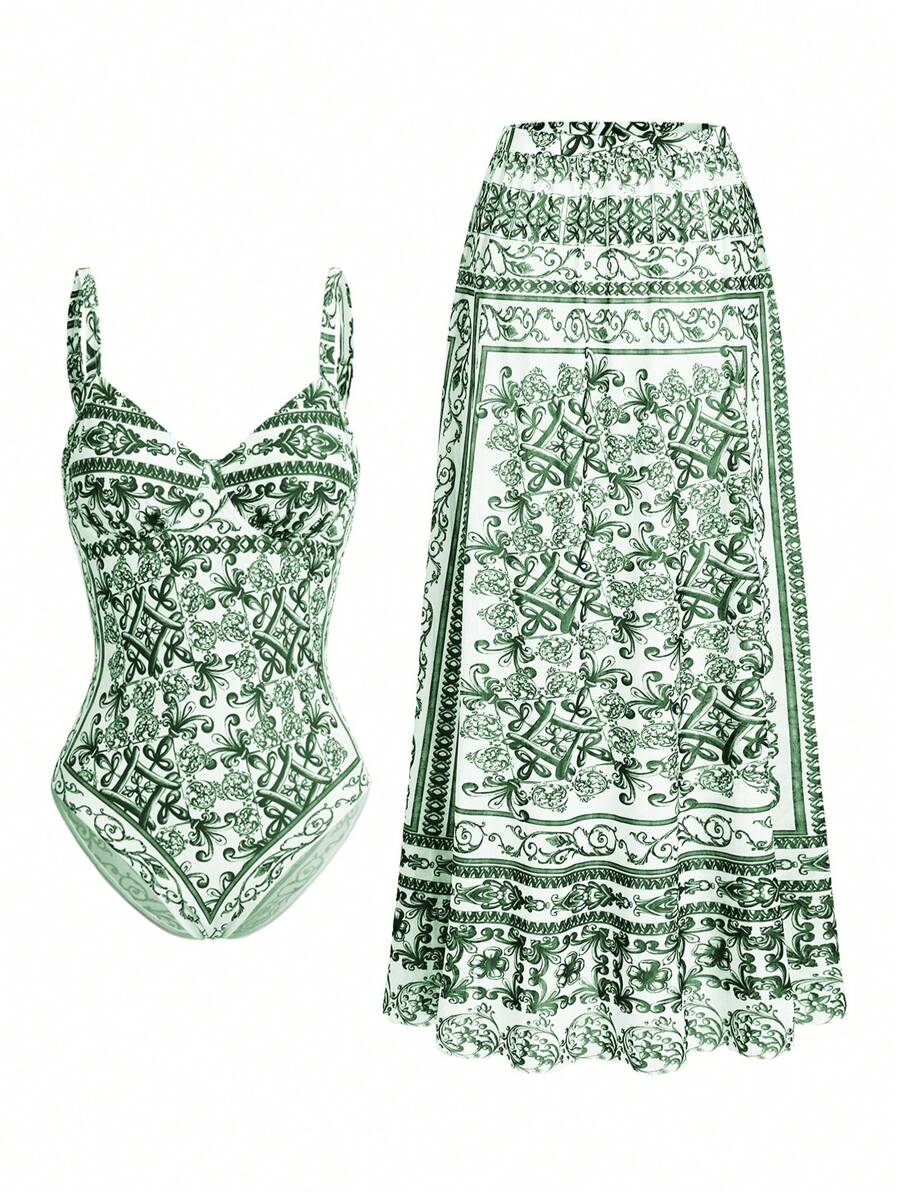 Swim Oasis 2pcs Oasis Positioning Print Paisley High Quality Swimsuit - Dark Green - View 1
