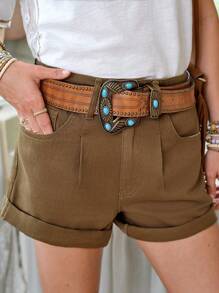 LanaWest 女式休闲磨边口袋水洗牛仔短裤 - 墨綠色 - 查看 6