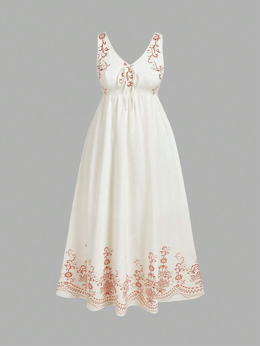 SHEIN MOD Bohemian Vintage Romantic Vacation Floral Print With Bowknot Decor Plus Size Long Maxi Spaghetti Strap Dress - Apricot - View 1