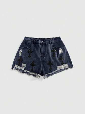 Grunge Punk Pantaloncini di jeans attilati, strappati e deteriorati, con applicazione a croce, abbigliamento da festival musicale punk, streetwear per taglie forti