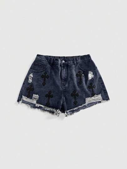 Grunge Punk Plus Size Punk Music Festival Streetwear Cross Applique Distressed Ripped Denim Shorts