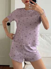 2pcs/Set Ditsy Floral Short Sleeve Top And Shorts Summer Pajama Set - Purple - View 4