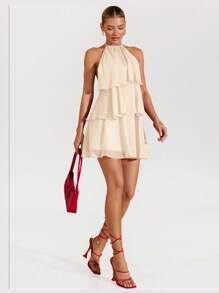 SHEIN BAE 夏季海滩度假纯红色层叠荷叶蛋糕雪纺迷你连衣裙，适合日常约会、夜间外出、夜总会、派对、聚会、鸡尾酒会、泳池派对、返校季服装、学校季连衣裙、节日连衣裙、芭蕾舞裙 - 米色 - 查看 7