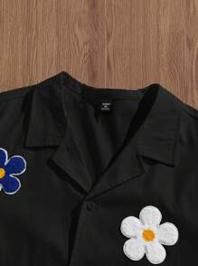 EASEVO Plus Size Men's Casual Loose White Floral Print Woven Shirt - Black - View 3