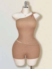 SHEIN ICON Bộ 2 món áo xoắn một bên vai cỡ lớn và quần short cạp cao, lễ tốt nghiệp, quần áo trở lại trường, trang phục nghỉ hè - Lạc đà - Xem 4