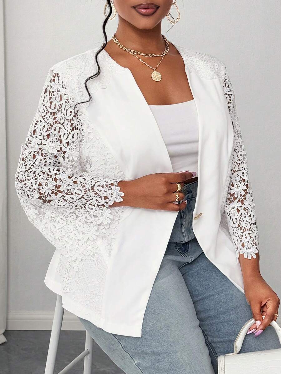 Maweii Plus Size Women Elegant Lace Patchwork Receive Waist A Swing Suit , Spring Summer Graduation,Back To School,Teacher Outfits For Women - White - View 1