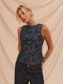 Avantive Ladies High Street Spice Jacquard Sleeveless Denim Top Blue Women Tops Club Denim Cowgirl Top Western Wear Women - Dark Wash - View 5