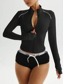 Dewbera 运动撞色休闲时尚紧身瑜伽夹克，优雅弹力修身活力生活方式基本款立领拉链外套